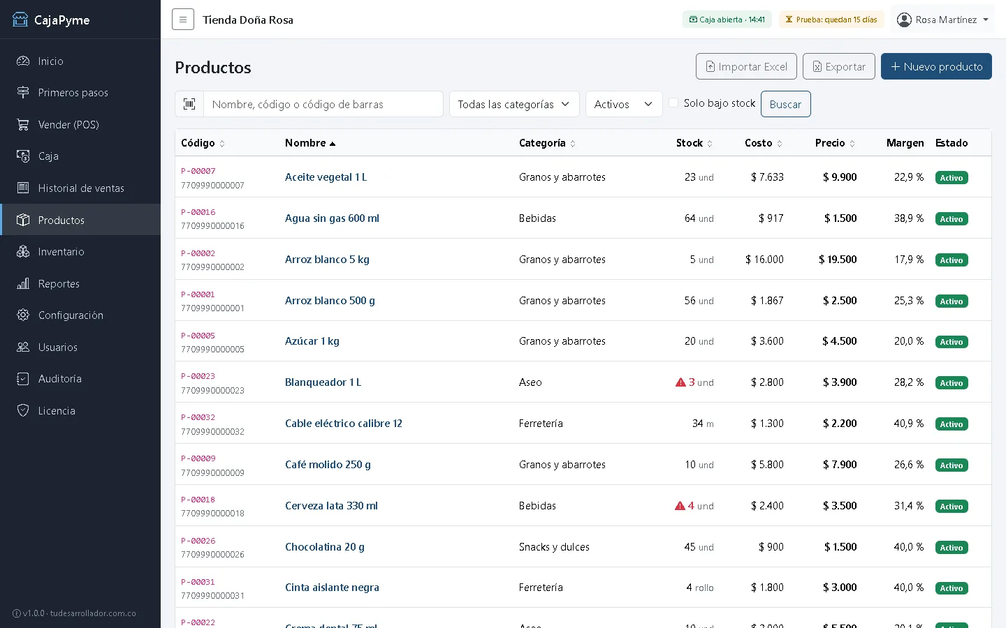 Listado de productos con stock