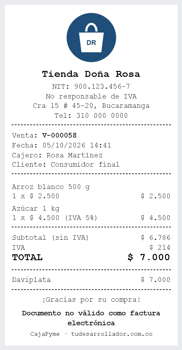 Ticket de venta con logo del negocio